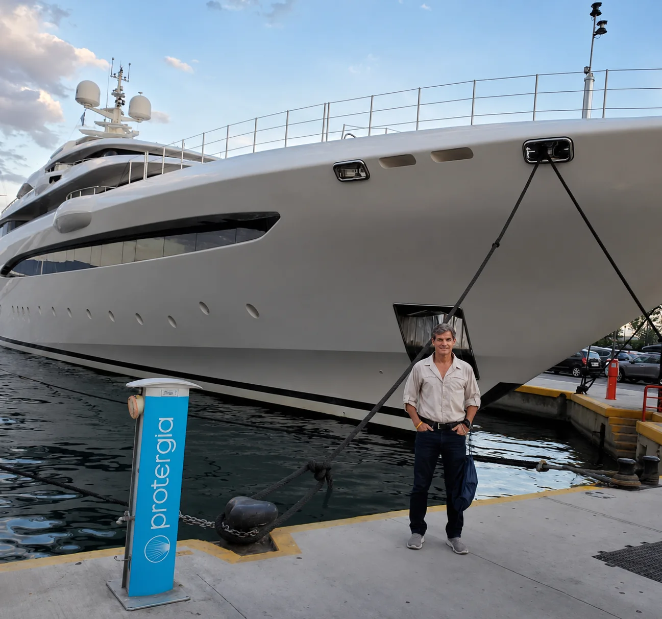 Poelo Shipping at the quayside beside a superyacht in the Mediterranean